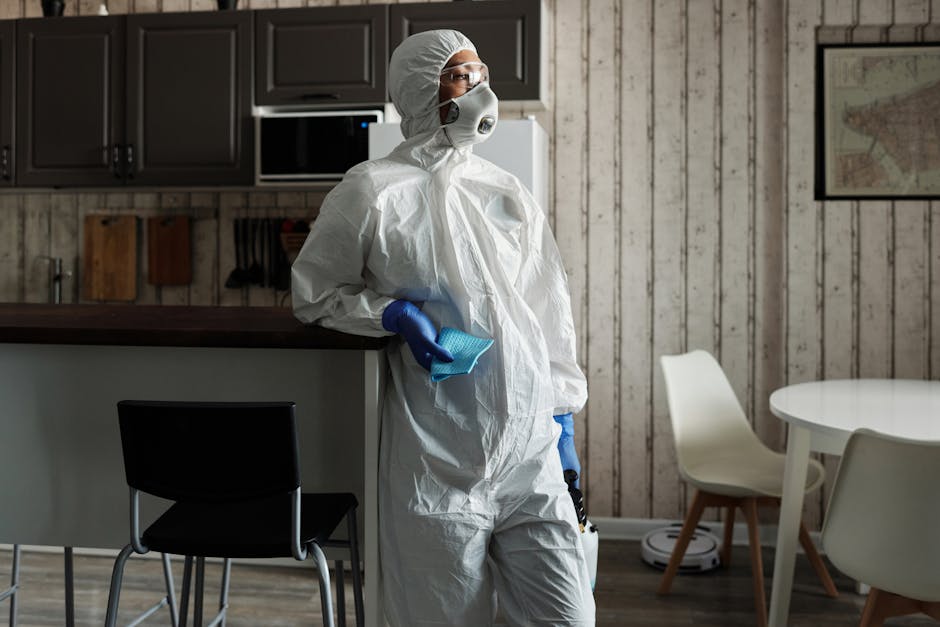 A professional cleaner dressed in a full white protective suit, including a hood, face mask, and goggles, stands in a modern kitchen with wooden panel walls and white furniture. The cleaner is holding a blue microfiber cloth in one hand, ready for surface cleaning or sanitisation. The kitchen features a dark countertop, a black chair, and a white round dining table with matching chairs, all appearing clean and tidy. Visible tools and cleaning equipment, such as a robotic vacuum, are on the floor, indicating ongoing maintenance. The lighting is natural, highlighting the pristine condition of the surfaces, consistent with deep cleaning or hygiene-focused domestic cleaning services provided by Cleaners Haringey in line with emergency cleaning standards as described in the 'What to know about emergency cleaning in Haringey' page.